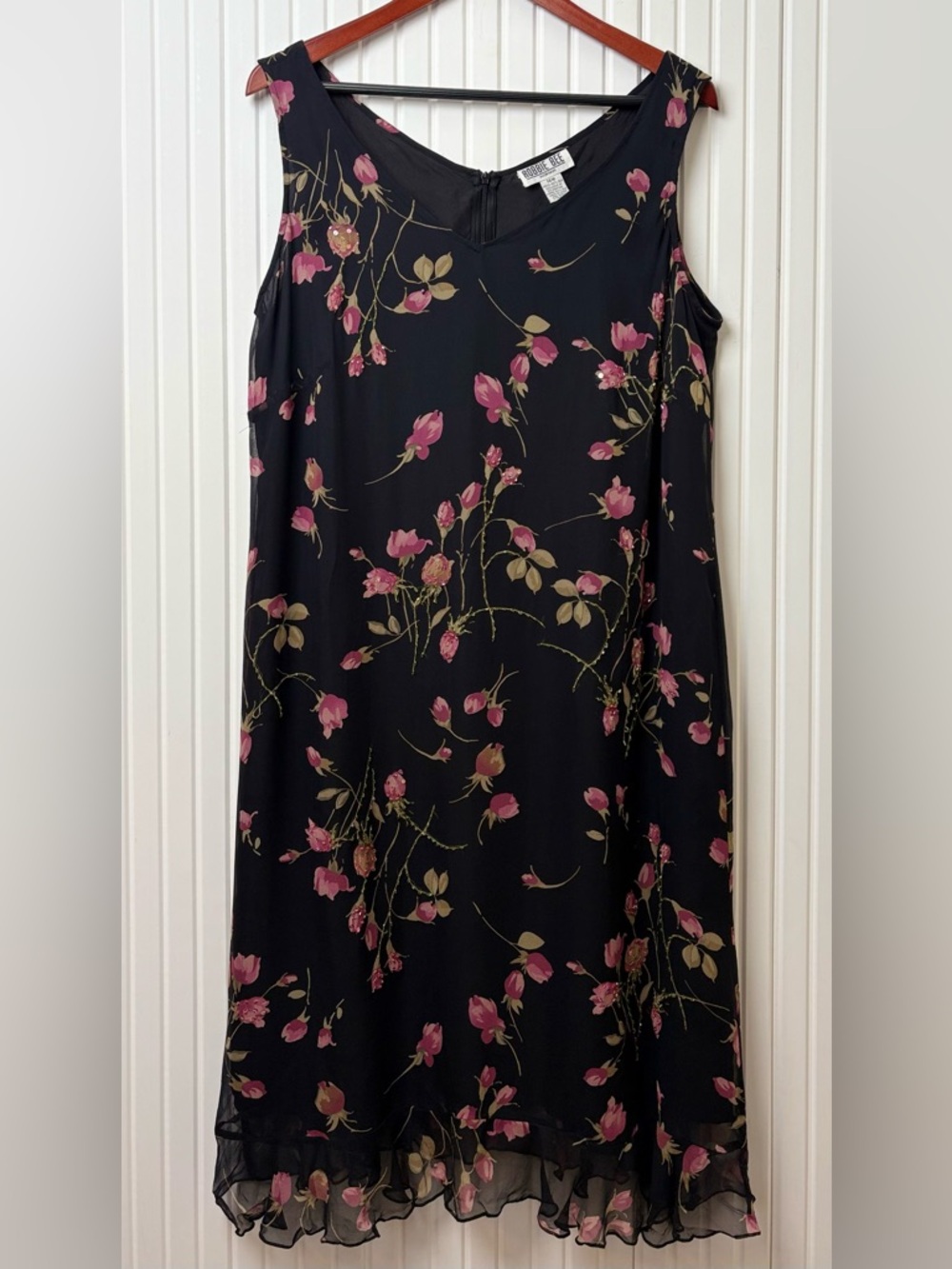 Robbie Bee Y2K 100% Silk Beaded Sequin Floral Dress 14W Fairy Whimsical Nature